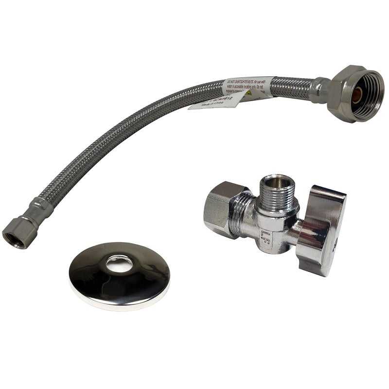 Miiflex Complete Toilet Set Valve 1/2 in. NOM Inlet x 3/8 in. OD Compression Outlet Angle Shut Off + Escutcheon Plate + 12" Long Stainless Steel Braided Brass Nut Water Supply Line - Image 1